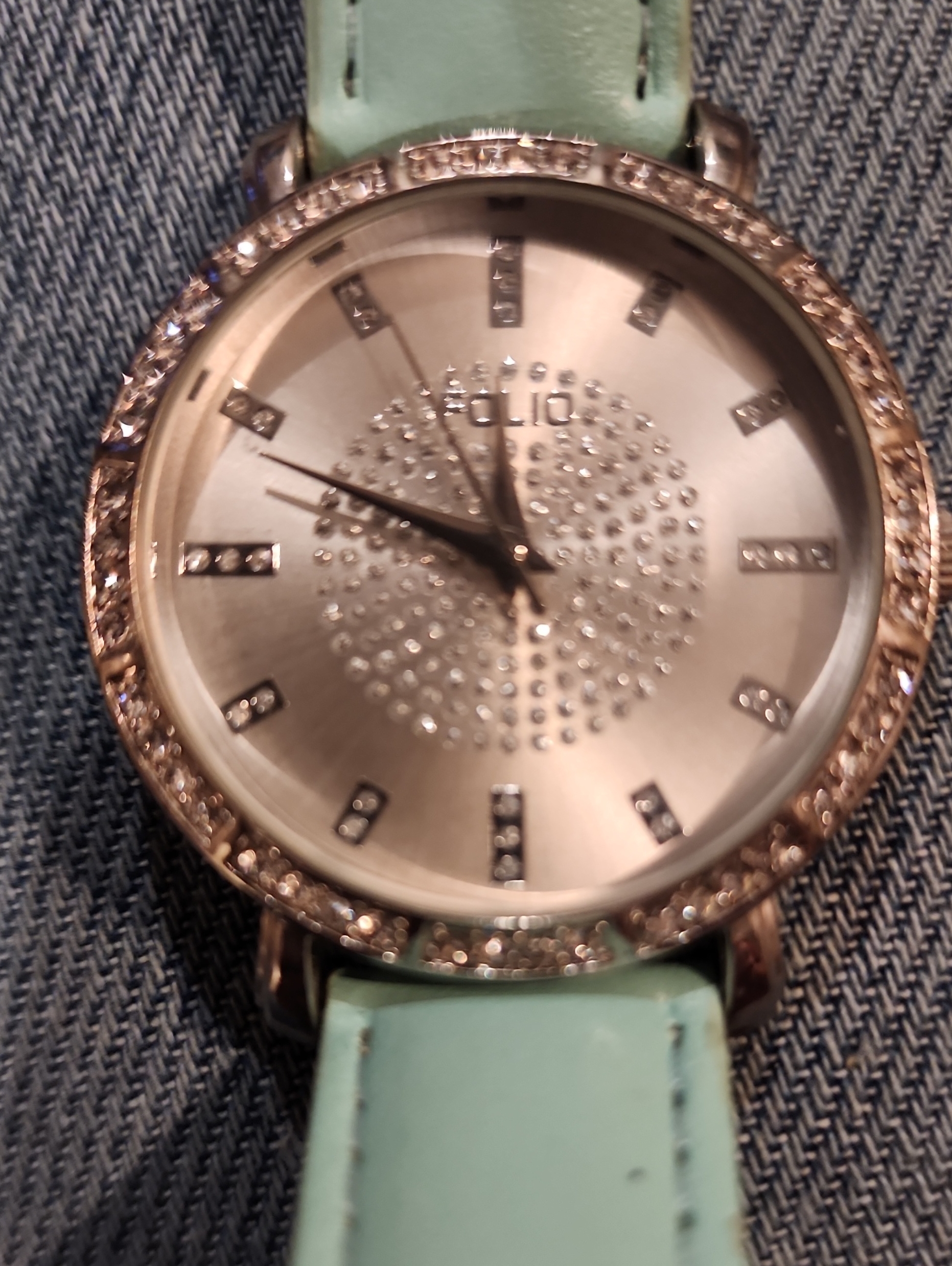 Folio Silver Crystal Dial Watch With Mint Green Strap
